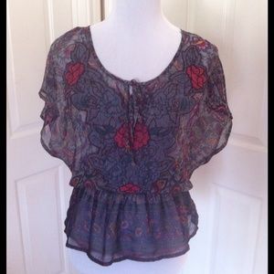 Embroidered semi-sheer floral print blouse Women’s Size Small